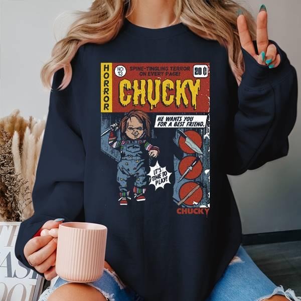 Halloween Gift Chucky T-Shirt, Child Plays Tee, Comic Cover Horror Shirt Hoodie, Sweatshirt | TeeBloomCo.com