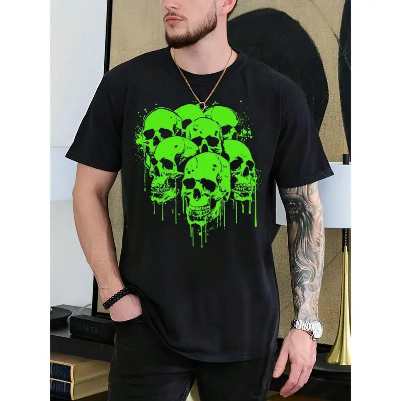 Halloween Green Skull Print Men's Cotton Short Sleeve T-Shirt made in usa Hoodie, Sweatshirt | TeeBloomCo.com