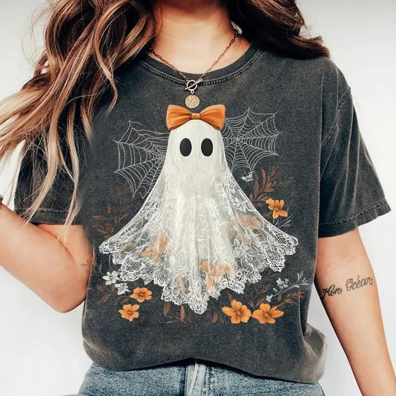 Halloween Lace Ghost Shirt, Spooky Coquette Sweatshirt, Girly Ghost Lacey Ghost, Spooky Season Unisex Cotton Shirt