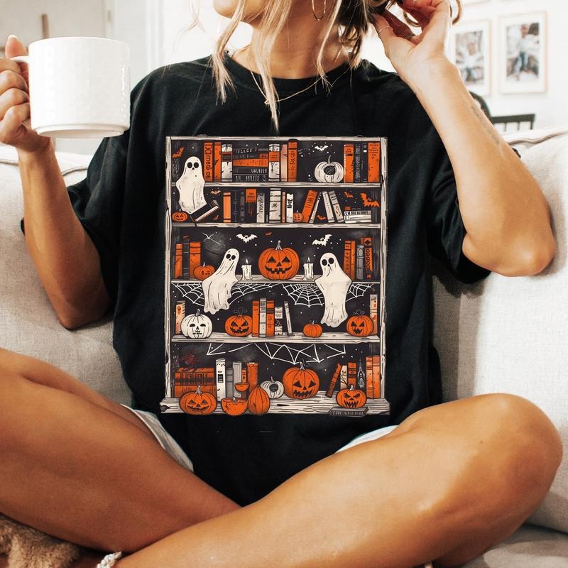 Halloween Library Design | Ghost Books | Teacher Halloween | Book Lover Shirt | Halloween Reading | Book Club Ghost...