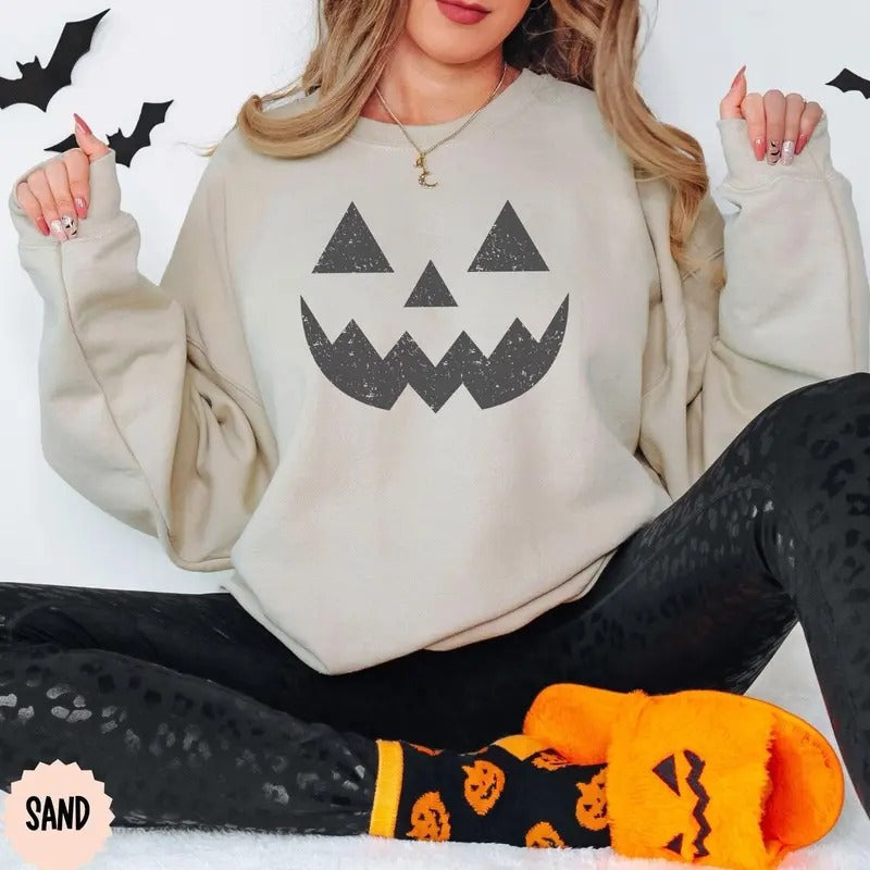 Halloween Pumpkin Unisex Sweatshirts, Pumpkin Face Sweatshirt, Jack O' Lantern Sweatshirt Cotton Womenswear T-Shirts, Hoodie