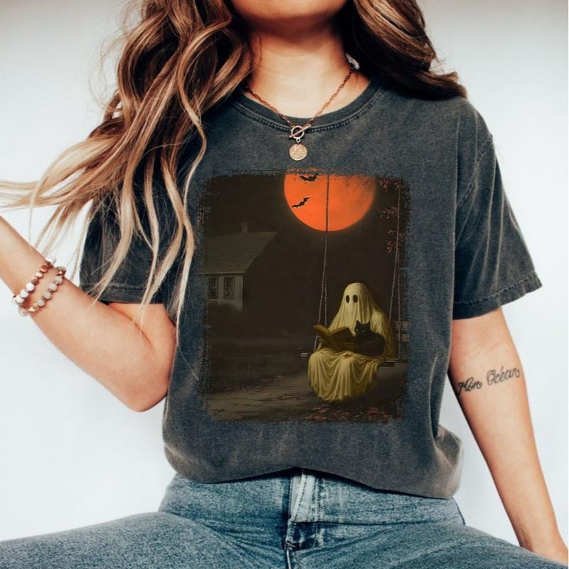 Halloween Reading Ghost Shirt, Haunted Swing & Red Moon Design, Spooky Night Sublimation Tee, Creepy Fall Scene...