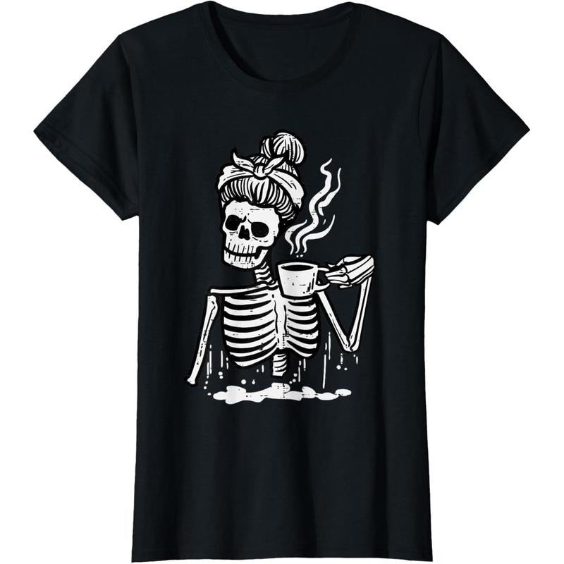 Halloween Skeleton Messy Bun Coffee Funny Costume Mom Women T-Shirt made in usa Hoodie, Sweatshirt | TeeBloomCo.com