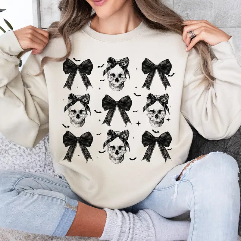 Halloween Skull Sweatshirt, Coquette Bow Halloween Sweatshirt, Halloween Shirt, Spooky Season Shirt Hoodie | TeeBloomCo.com