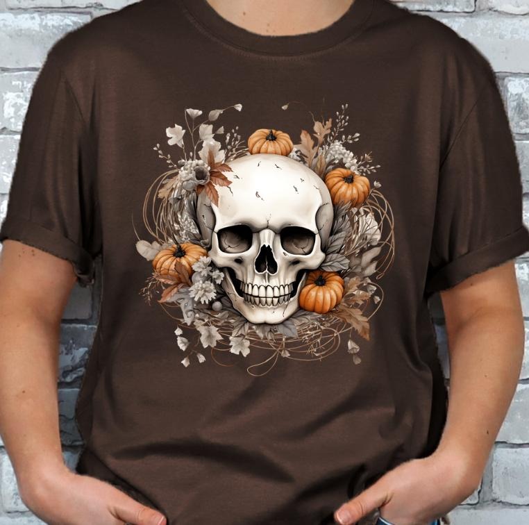 Halloween Skull and Pumpkins Autumn Fall T-shirt Casual Shortsleeve Hoodie, Sweatshirt | TeeBloomCo.com
