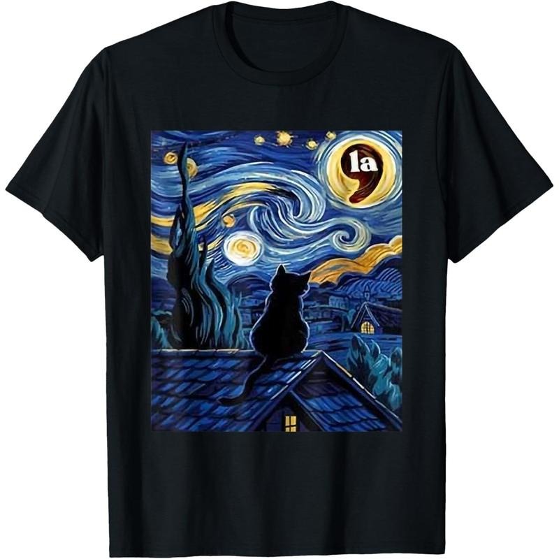Halloween Starry Night Black Cat Comma La Kamala Harris T-Shirt made in usa Hoodie, Sweatshirt | TeeBloomCo.com