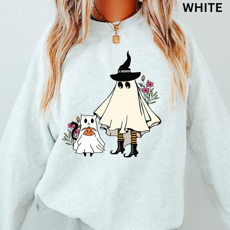 Halloween Sweatshirt, Womens Halloween Cat Sweatshirt, Catkin Crewneck, Cats Sweatshirt, Oversized Halloween Graphic...