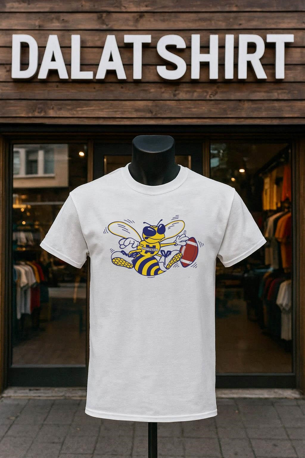 Hamilton Hornets Bee Mascot Holding Football Sports shirt