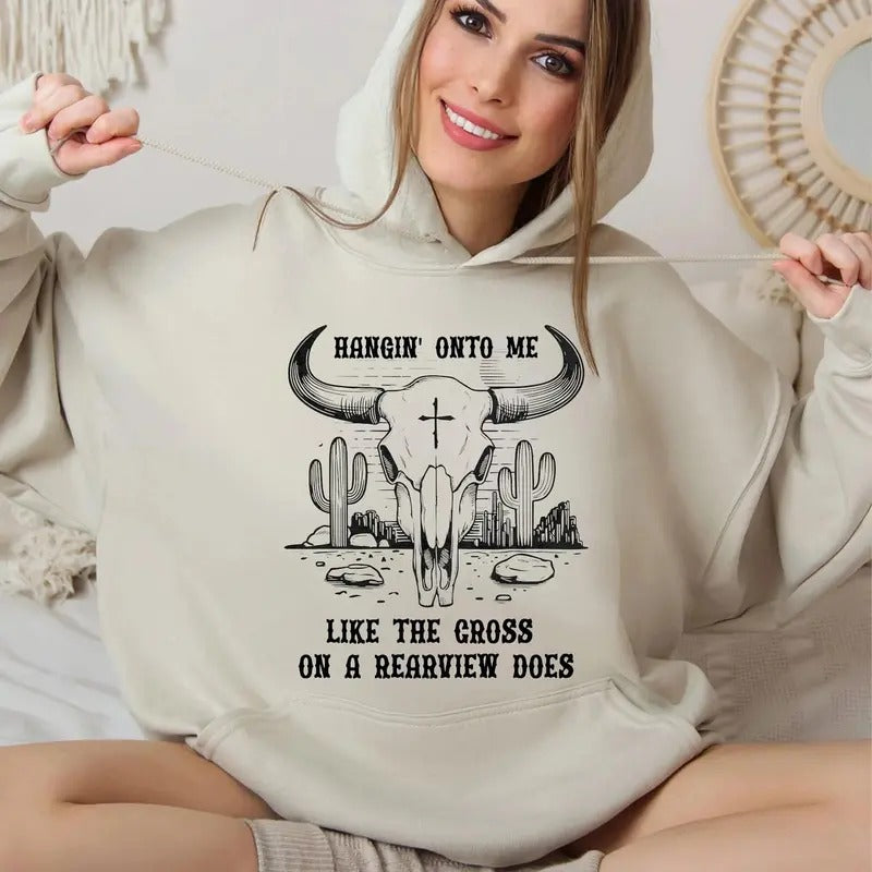 Hanging Onto Me Cow Skull Cross T Shirt, Baailey Inspired Hoodie, Country Music Merch, Unisex Sweater Pullover Tee Sweatshirt