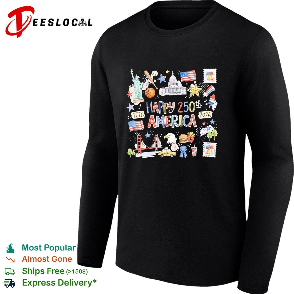 Happy 250th America 1776 2026 patriotic icon collage Statue of Liberty eagle shirt