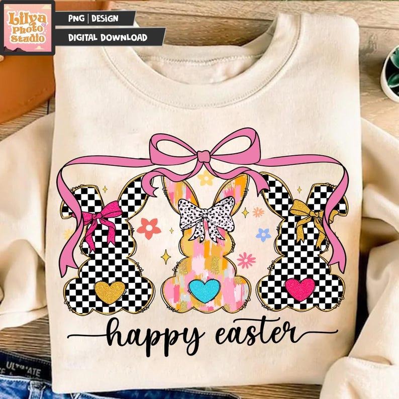 Happy Easter Sweatshirt Coquette Easter Bunny Retro Easter Easter Coquette Glitter Easter T-Shirts, Hoodie | TeeBloomCo.com