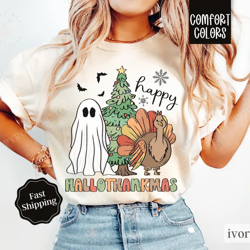 Happy Hallothankmas Shirt Comfort Colors , Halloween Thanksgiving Christmas Shirt,  Women's Holiday Teestyle{n002}2...