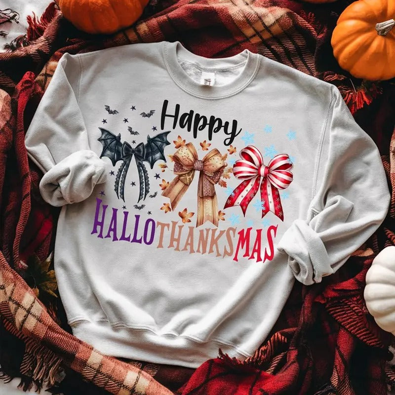 Happy Hallothanksmas Coquette Bows Halloween Christmas Sweatshirt, Christmas Coquette Bow Fall Shirt Hoodie | TeeBloomCo.com