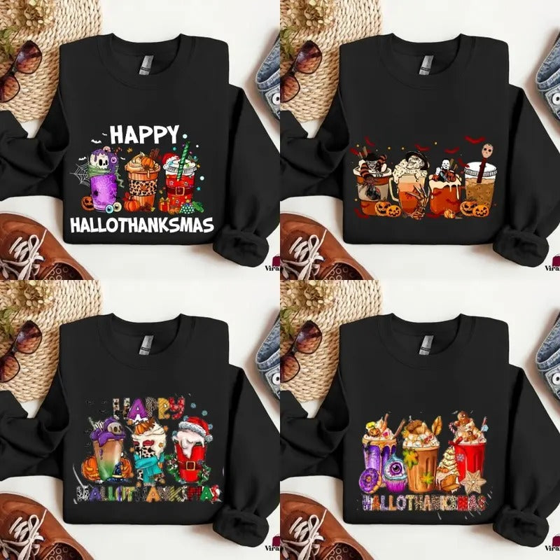 Happy Hallothanksmas Funny Halloween Thanksgiving Christmas Men Women Sweatshirt Graphic Print Unisex T-Shirts, Hoodie