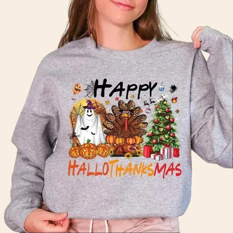 Happy Hallothanksmas Shirt, Funny Unisex T Shirt Crewneck Cotton Fabric Hoodie, Sweatshirt | TeeBloomCo.com