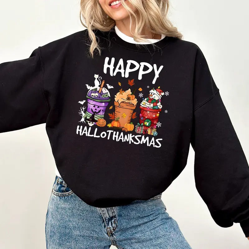 Happy Hallothanksmas Sweatshirt, Hallothanksmas Shirt, Holiday Season Sweatshirt, Halloween Thanksgiving Christmas Shirt,...