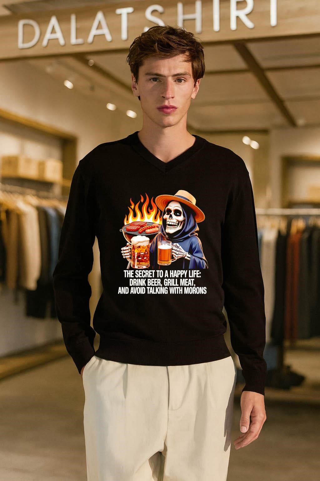 Happy Life Drink Beer Grill Meat Avoid Talking shirt