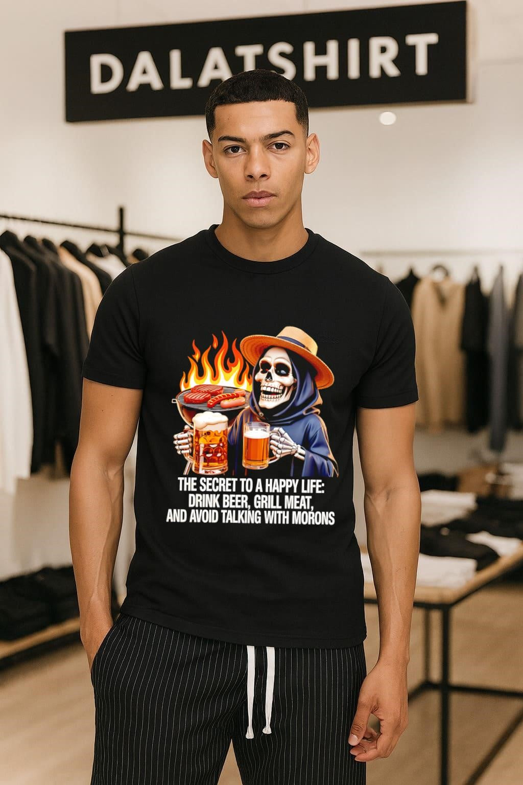 Happy Life Drink Beer Grill Meat Avoid Talking shirt