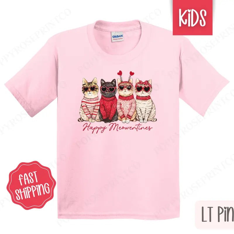 Happy Meowentines Kids Shirt - Valentine's Day Children's Tshirt - Youth CatTee Gildan Hoodie, Sweatshirt | TeeBloomCo.com