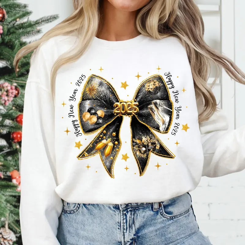 Happy New Year 2025 Coquette Bow Sweater, New Years Disco Ball, Gold Blink Effect Graphic Printed, Hello 2025 Shirt...