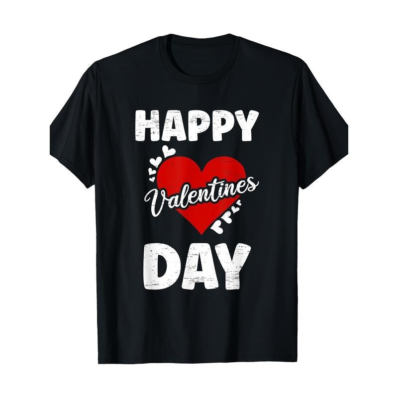 Happy Valentine's Day Couples Matching T-Shirts - 100% Cotton, Casual Crew Neck with Geometric Print, Short Sleeve