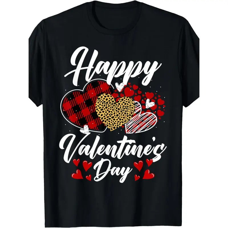 Happy Valentine's Day Hearts with Leopard Plaid Valentine T-Shirt Men's T-shirt Lightweight Comfy Round Neck Casual Top...