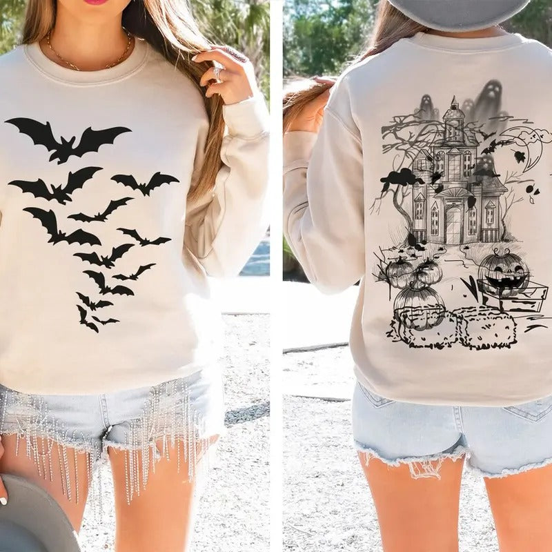 Haunted House   Shirt ,Halloween Sweatshirt,Halloween Party Bats Crewneck,Spooky Season Hoodie | TeeBloomCo.com