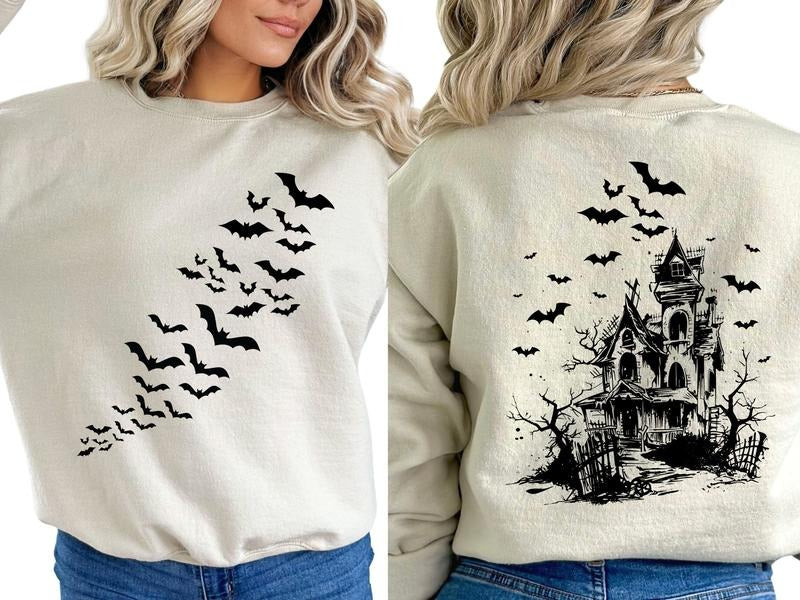 Haunted House with Bat Swarm Halloween Pullover Sweatshirt for Women, Halloween Sweatshirt, Goth Aesthetic Crewneck,...