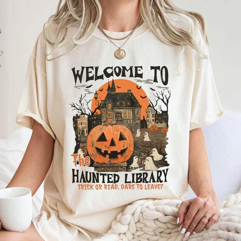 Haunted Library  Shirt, Halloween Librarian Gift, Funny Halloween Bookish Crewneck for Readers, Cute Spooky Book Lover...