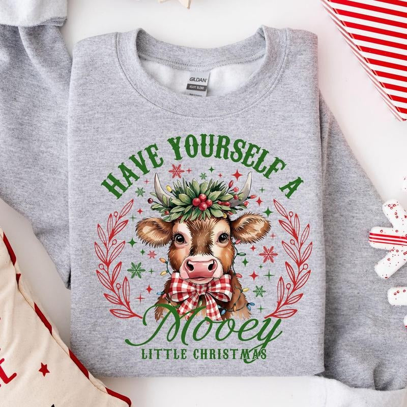 Have Yourself a Mooey Little Christmas Sweatshirt, Country Christmas Shirt, Cow Lover Sweater, Coquette Christmas Cow...
