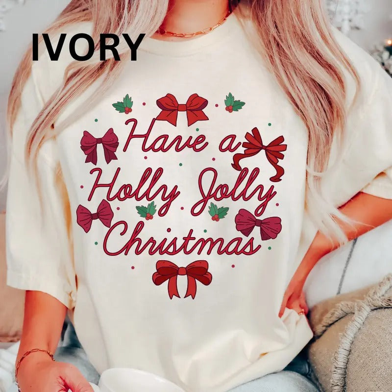 Have a Holly jolly Christmas Bow shirt Women's Oversized Christmas Shirt - Festive Printed Design