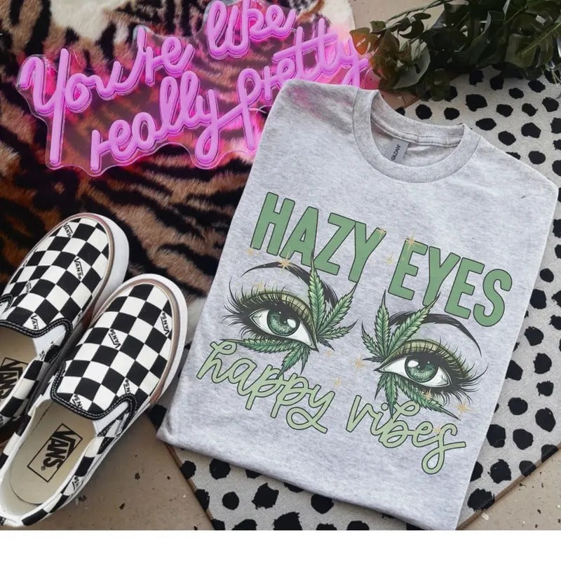 Hazy Eyes Happy Vibes - Bleached Shirt - Gildan Hoodie, Sweatshirt | TeeBloomCo.com