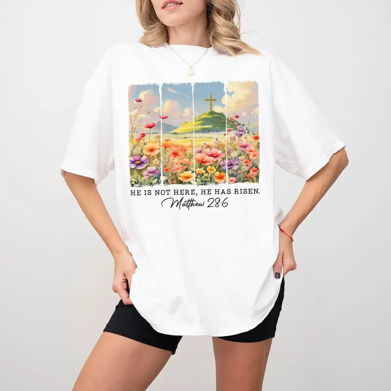 He Has Risen Easter Shirt, Matthew 28:6 Christian Tee, Faith-Based Resurrection Shirt, Floral Cross Easter Graphic Tee...