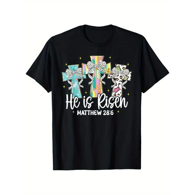 He Is Risen" Matthew Easter T-Shirt - Soft Cotton, Breathable Crew Neck Tee with Cross & Floral Design - Ideal for Spring...