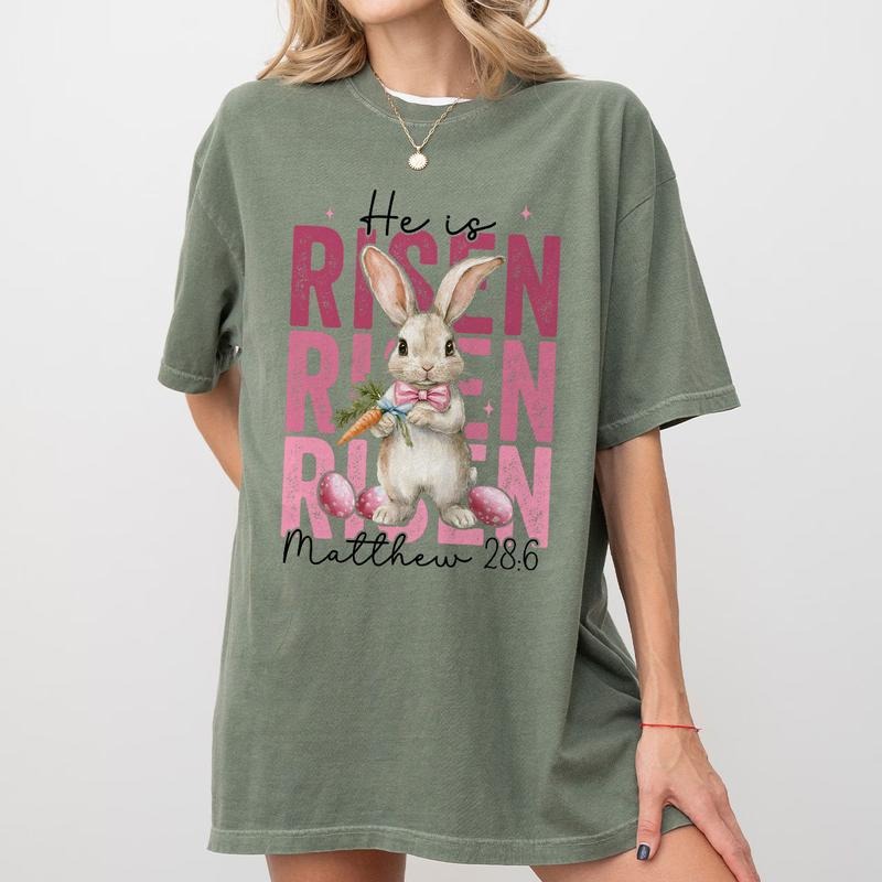 He Is Risen Easter Shirt, Matthew 28:6 Christian Bunny Tee, Faith-Based Easter Outfit, Religious Resurrection Graphic...