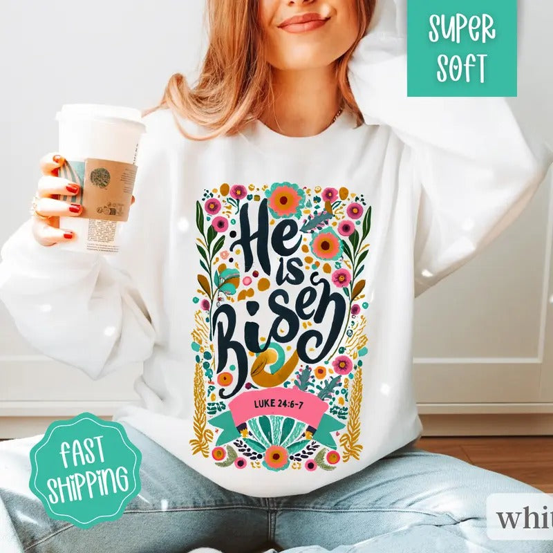 He Is Risen Sweatshirt, Jesus Shirt, Easter Outfit, Easter Crewneck Hoodie | TeeBloomCo.com