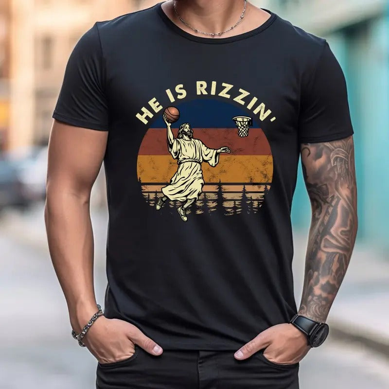 He Is Rizzin T-Shirt, He Is Rizzin Funny Easter Shirt, Jesus Basketball Easter Shirt, Jesus He Is Rizzin' Funny Religious...
