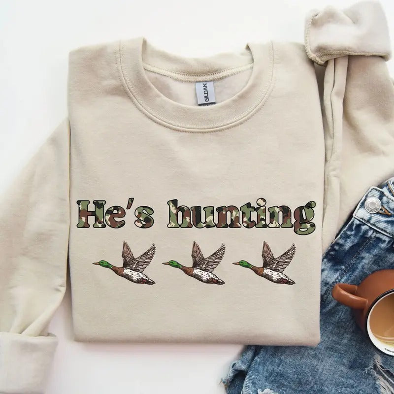 He is Hunting Ducks Camoflauge Bottomland Pattern Sweatshirt, Hunting Camo Unisex Shirt Hoodie | TeeBloomCo.com
