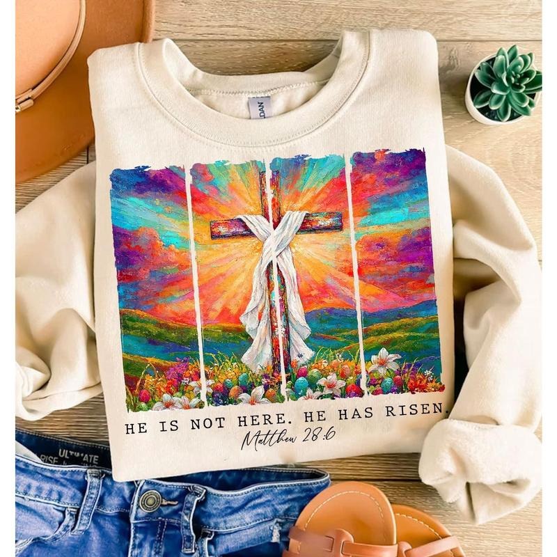 He is Risen  Wildflower Shirt, Spring Easter Brushstroke , Aesthetic Boho DTF Transfers Easter Christian Jesus Hoodie,...