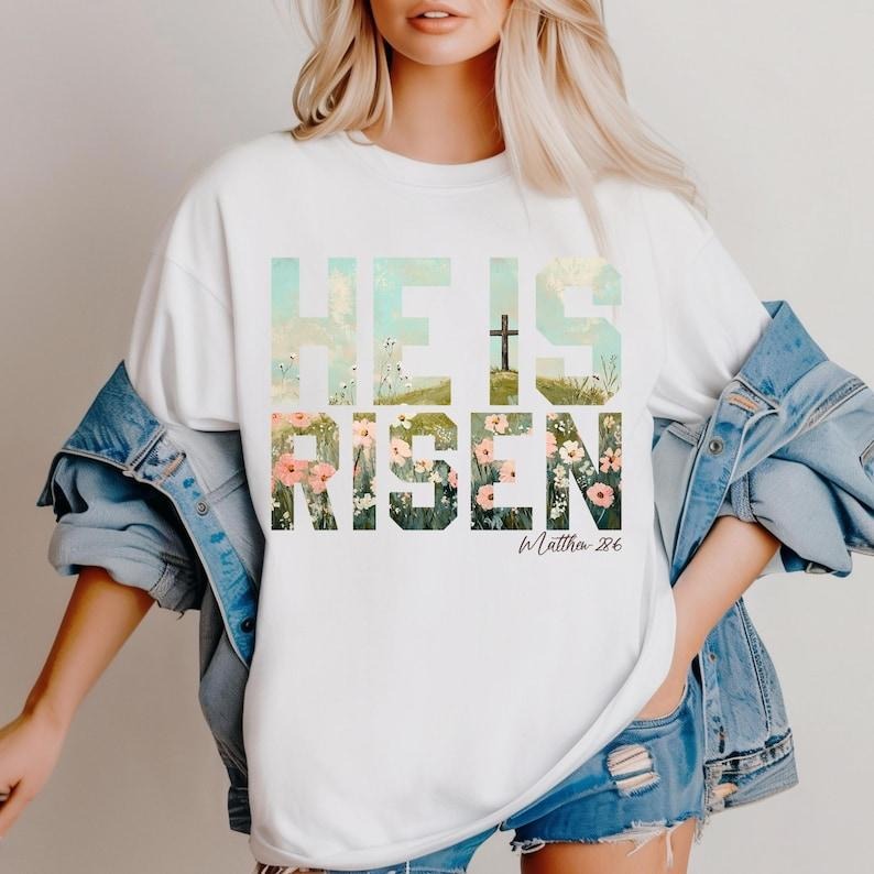 He is Risen t-shirt, Wildflower tshirt, Spring Easter tshirt, Brushstroke tshirt, Aesthetic Boho DTF Transfers Easter...