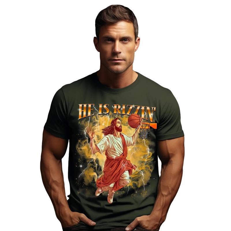 He is Rizzin' Funny Easter Shirt of Jesus Playing Basketball, Christian Faith Religious Tee, He Is Rizzin' Shirt,...