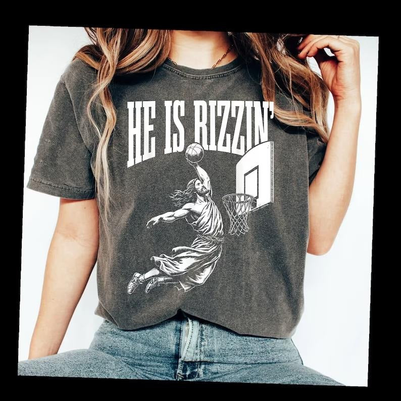 He is Rizzin Funny Jesus Basketball Meme T-shirtstyle{n002}2 T-Shirts, Hoodie, Sweatshirt | TeeBloomCo.com