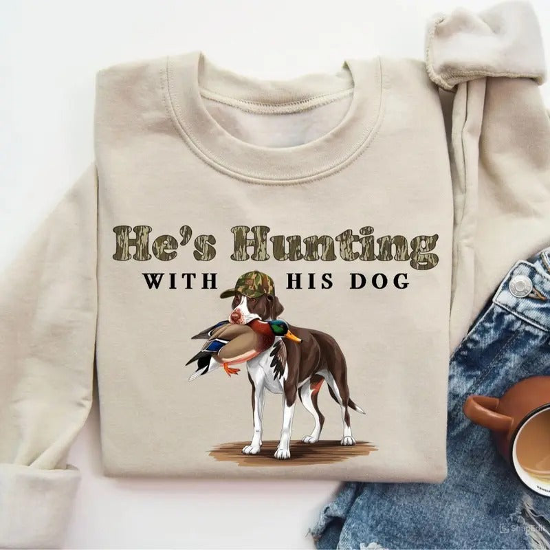 He's Hunting with His Bird Dog Unisex Crewneck Sweater, Hunting Camo Bottomland Duck Hunt Shirt Hoodie, Sweatshirt