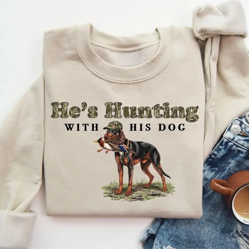 He's Hunting with His Treeing Walker Coonhound Dog Unisex Crewneck Sweater, Hunting Camo Bottomland Duck Hunt Shirt...