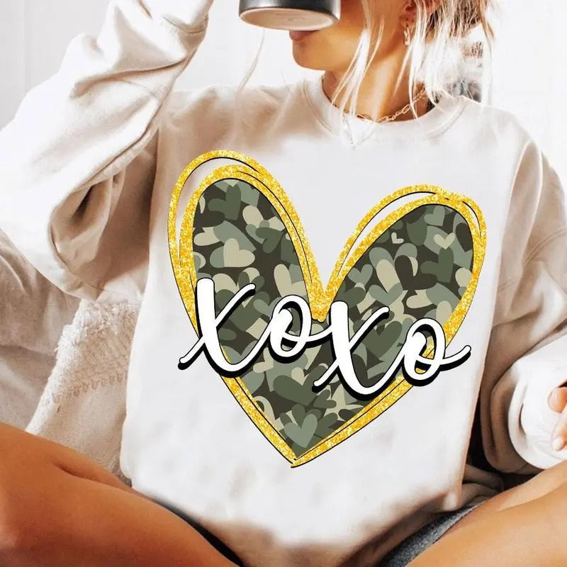 Heart Valentine's Day Camo XOXO Sweater, Camo Valentine Shirt, Valentines Day Hunting Tee, Girly Valentine Bow, Gift for...