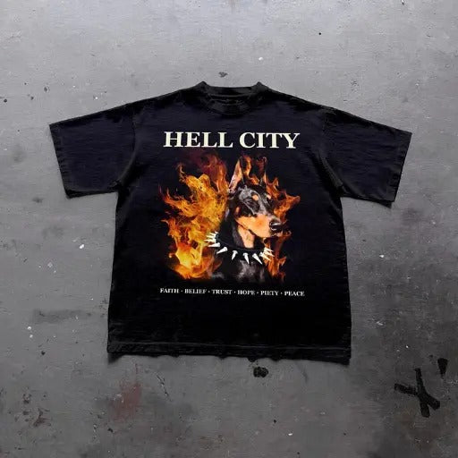 Hell City - Flame Dobern Printed Graphic Cotton T-Shirt, grunge y2k emo scene tapout goth amity affliction style clothes,...