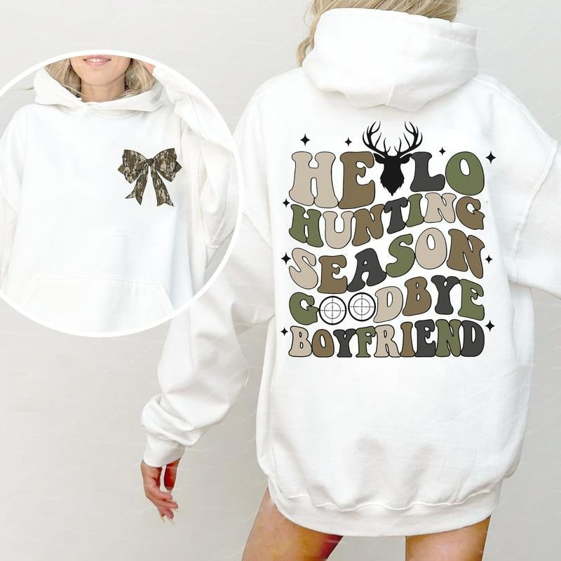 Hello Hunting Season Goodbye Boyfriend Camo Coquette Bow 2 Sides Sweatshirt, Girls Camo Bow Shirt Hoodie | TeeBloomCo.com
