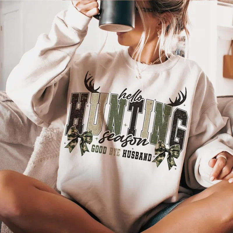 Hello Hunting Season Goodbye Husband Sweatshirt, Camo Coquette Bow Shirt, Hunting Camo Dude, Girls Camo Bow Tee Hoodie