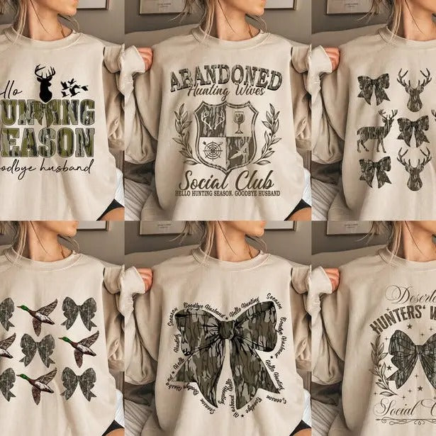 Hello Hunting Season Goodbye Husband Tshirt Sweatshirt Hoodie, Camo Coquette Bow Sweatshirt, Hunting Sublimation...