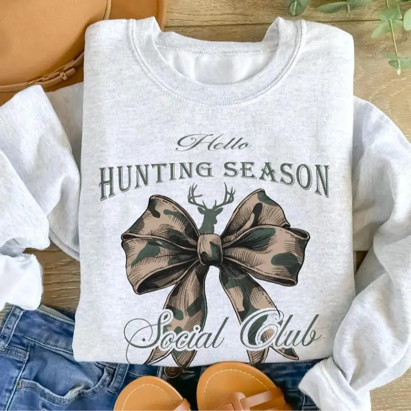 Hello Hunting Season Sweatshirt, Social Club Camo Hunting Coquette Bow Shirt Classic Menswear Hoodie | TeeBloomCo.com
